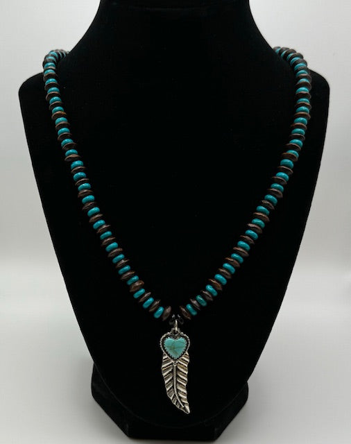 Metal Feather Turquoise Heart Pendant Necklace