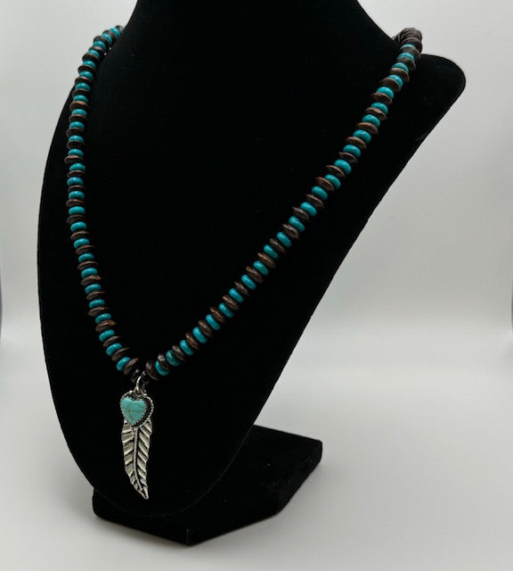 Metal Feather Turquoise Heart Pendant Necklace
