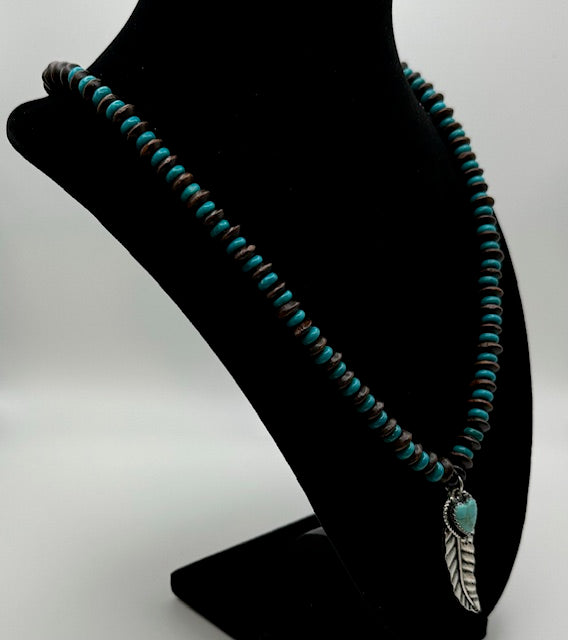 Metal Feather Turquoise Heart Pendant Necklace