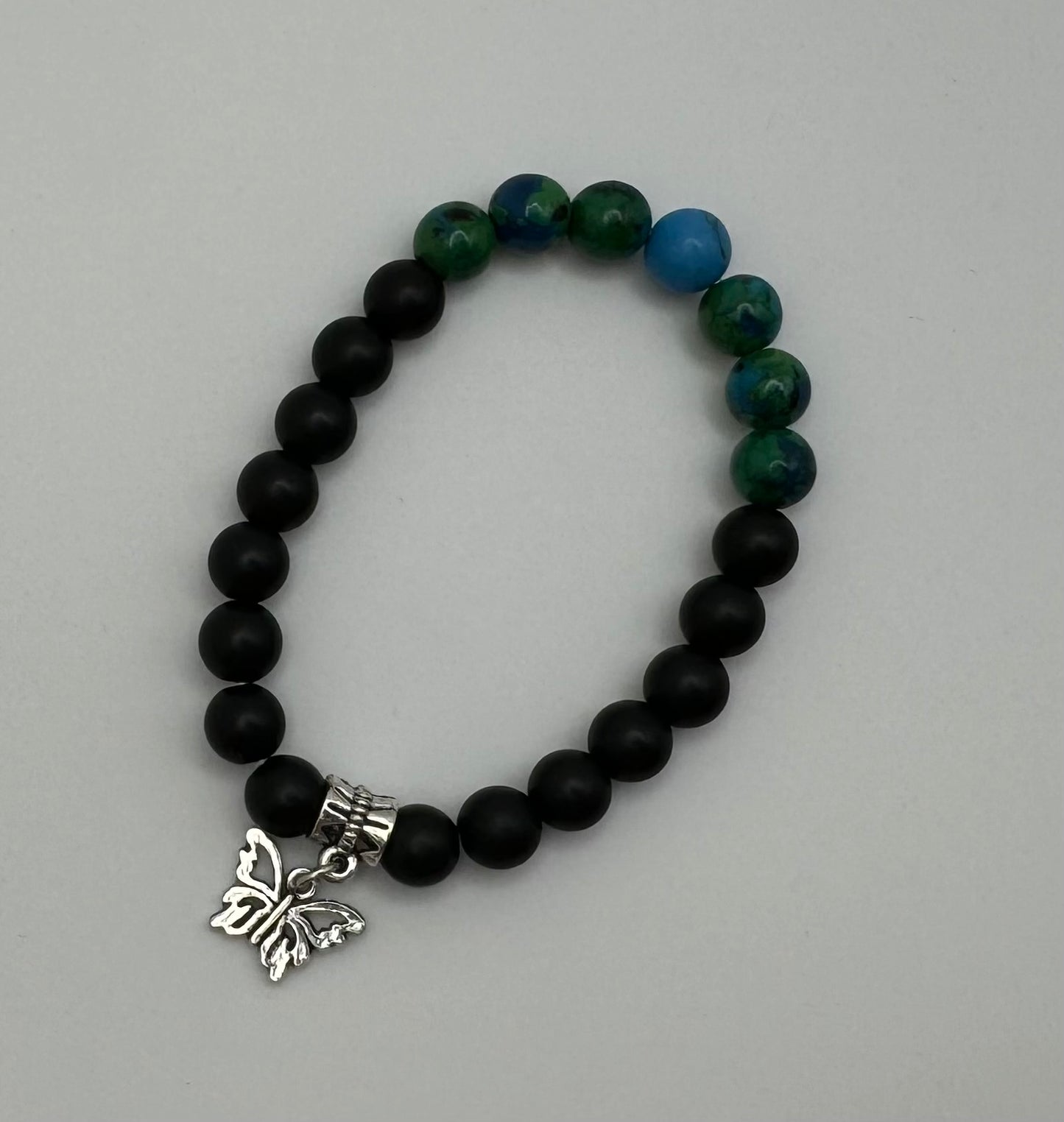 Jet & Chrysocolla Bracelet w/ Butterfly Charm