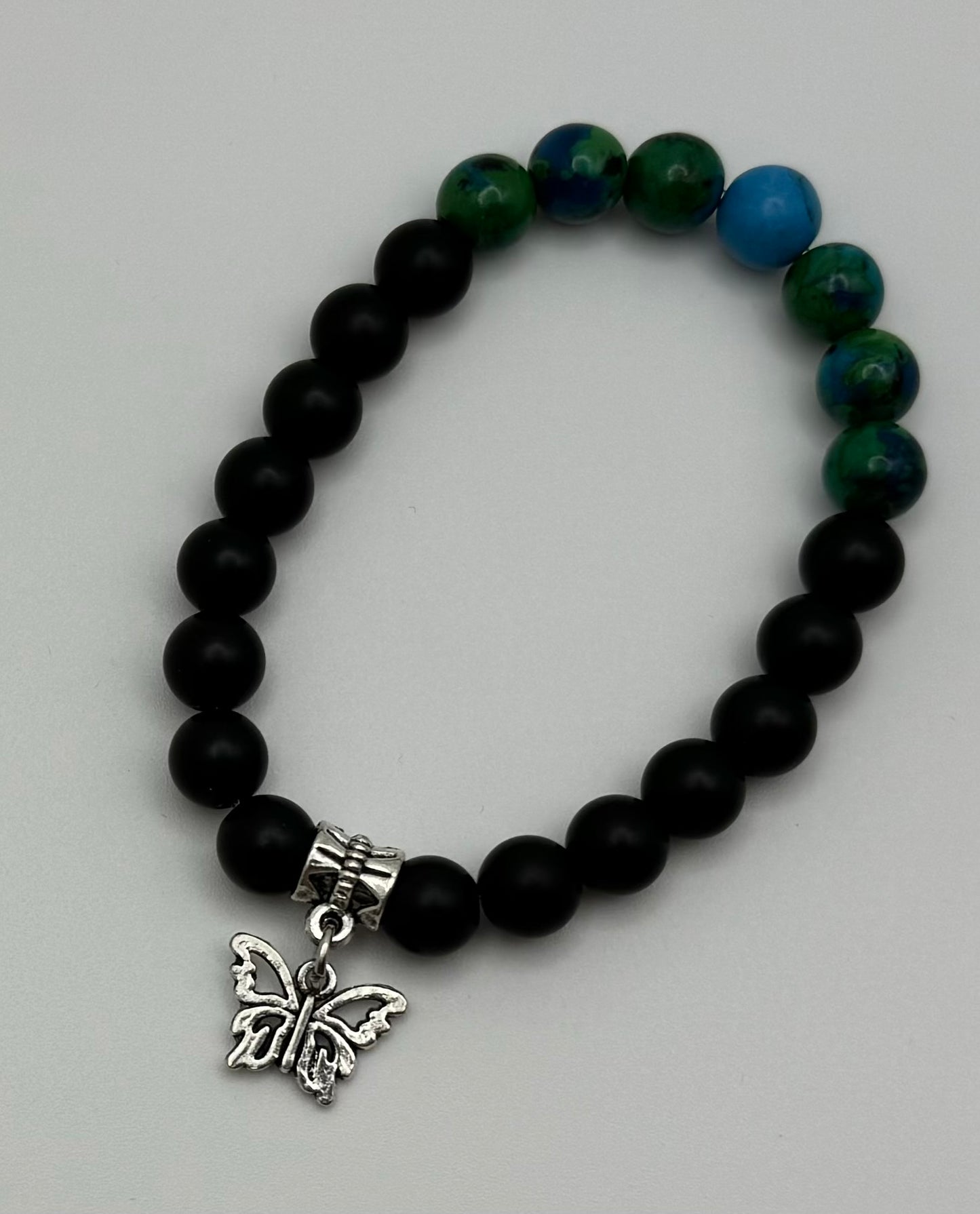 Jet & Chrysocolla Bracelet w/ Butterfly Charm
