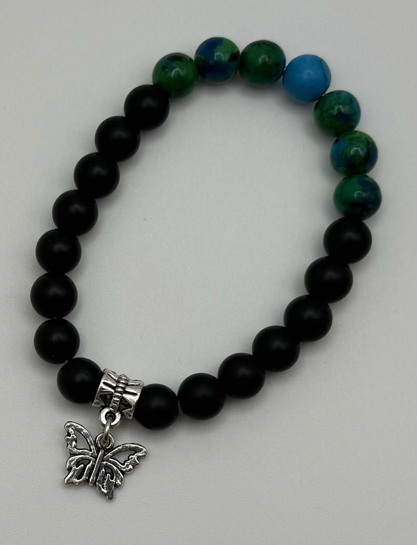 Jet & Chrysocolla Bracelet w/ Butterfly Charm