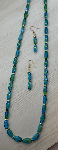 Blue/Green Oval Glass Necklace & Earrings