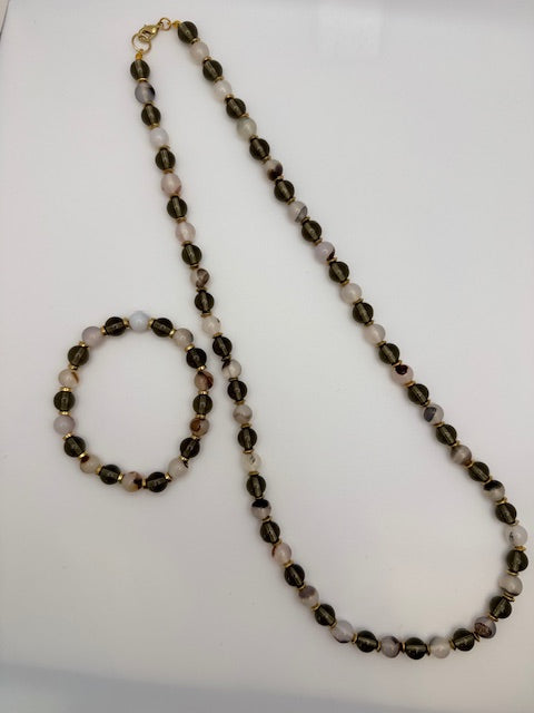 White Agate with Smoky Quartz Necklace & Bracelet Set