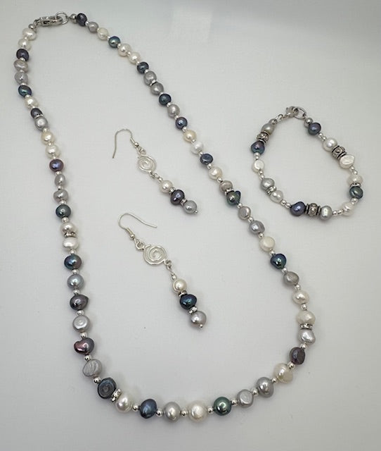 White, Blue & Grey Culture Pearl Necklace Set