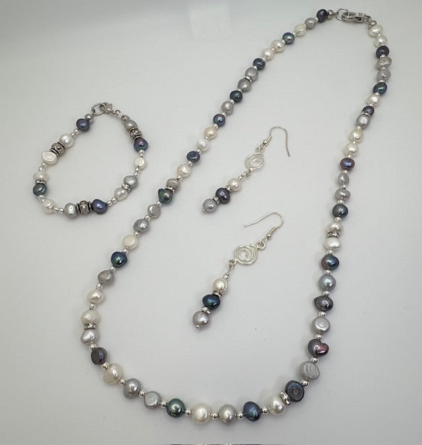White, Blue & Grey Culture Pearl Necklace Set