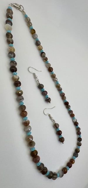 Botswana faceted Agate Necklace & Earrings Set