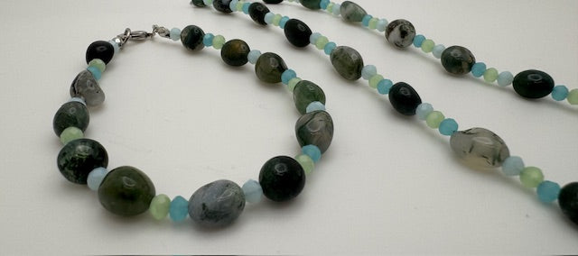 Moss Agate Nugget Necklace Set