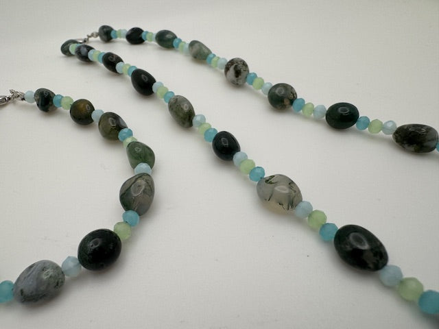 Moss Agate Nugget Necklace Set