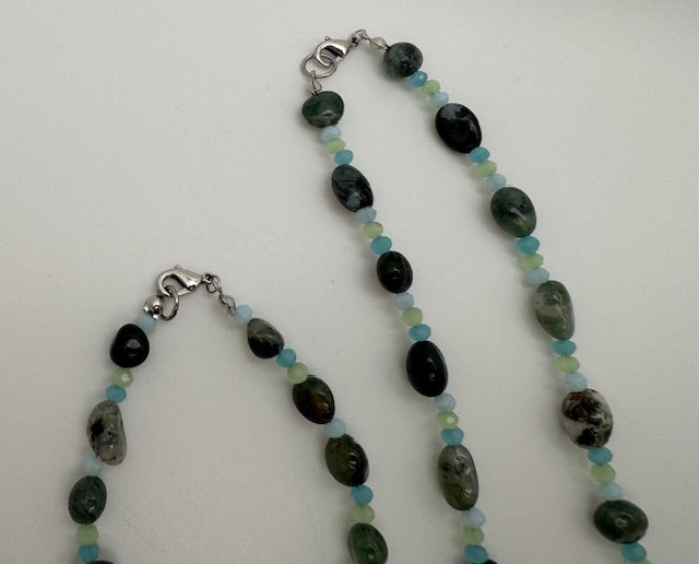 Moss Agate Nugget Necklace Set