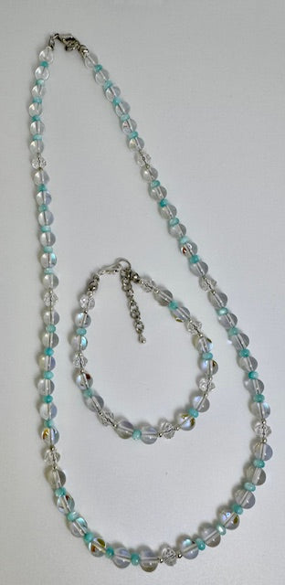 Clear Mystic Mermaid Glass with Light Blue MOP Shell Necklace Set