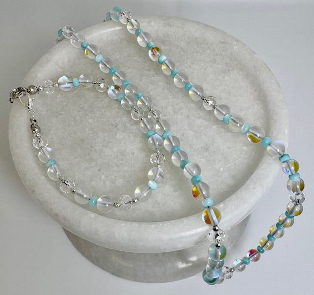 Clear Mystic Mermaid Glass with Light Blue MOP Shell Necklace Set
