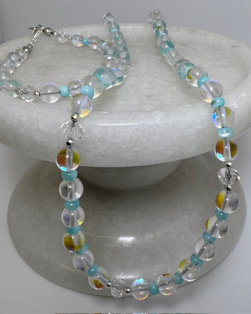 Clear Mystic Mermaid Glass with Light Blue MOP Shell Necklace Set