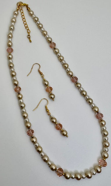 Glass Pearl w/ Crystal Pink Beads Necklace & Earrings Set
