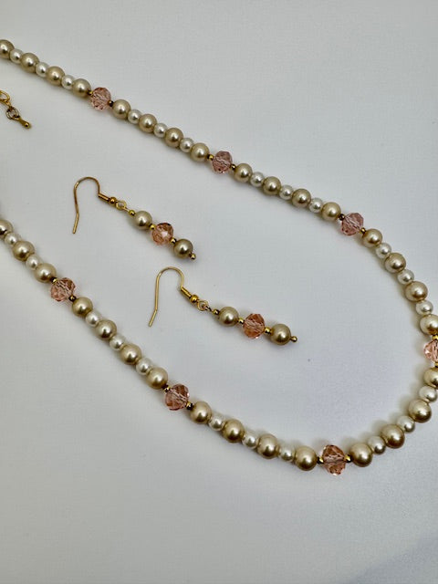 Glass Pearl w/ Crystal Pink Beads Necklace & Earrings Set