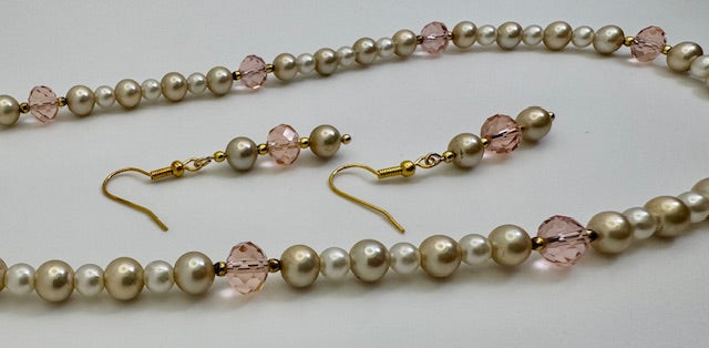 Glass Pearl w/ Crystal Pink Beads Necklace & Earrings Set