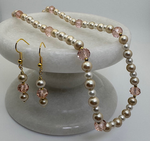 Glass Pearl w/ Crystal Pink Beads Necklace & Earrings Set