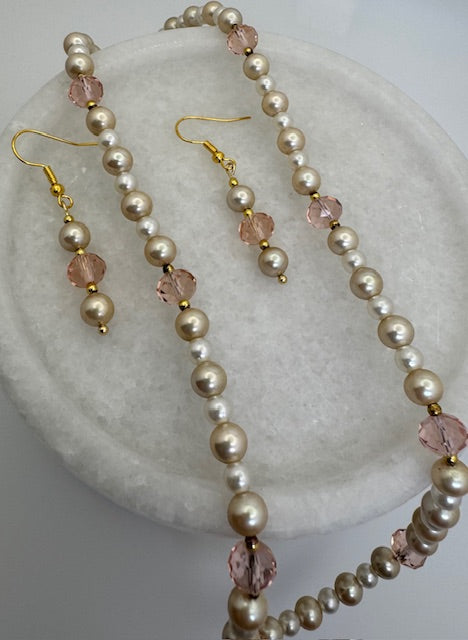 Glass Pearl w/ Crystal Pink Beads Necklace & Earrings Set