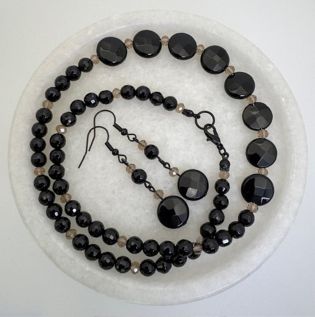Black Onyx w/Brown Crystal Necklace & Earring Set