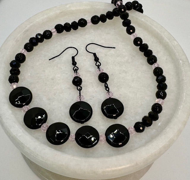 Black Onyx w/Pink Crystals Necklace & Earrings Set
