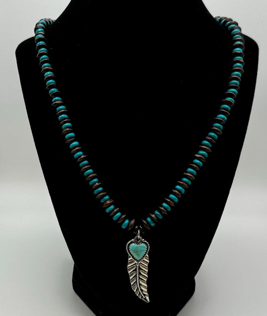 Metal Feather Turquoise Heart Pendant Necklace