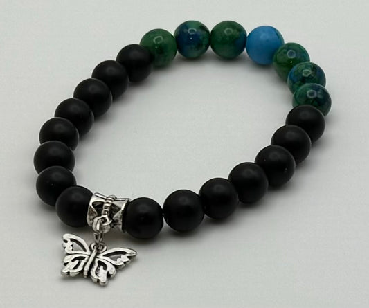 Jet & Chrysocolla Bracelet w/ Butterfly Charm