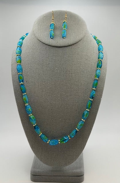 Blue/Green Oval Glass Necklace & Earrings