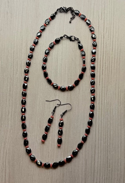 Natural Gray Hematite Necklace, Bracelet & Earrings Set